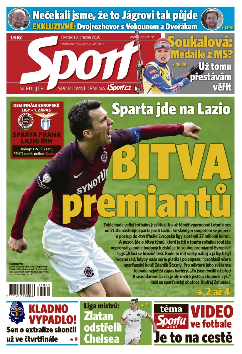 Titulní strana čtvrtečního vydání deníku Sport