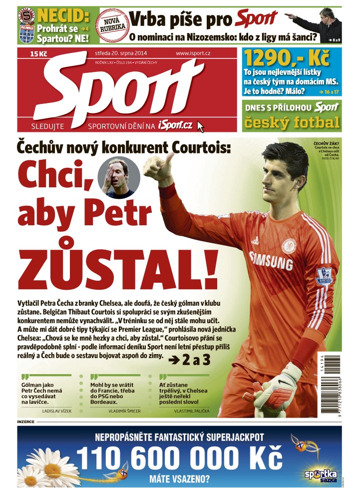 Titulní strana stredečního vydání deníku Sport