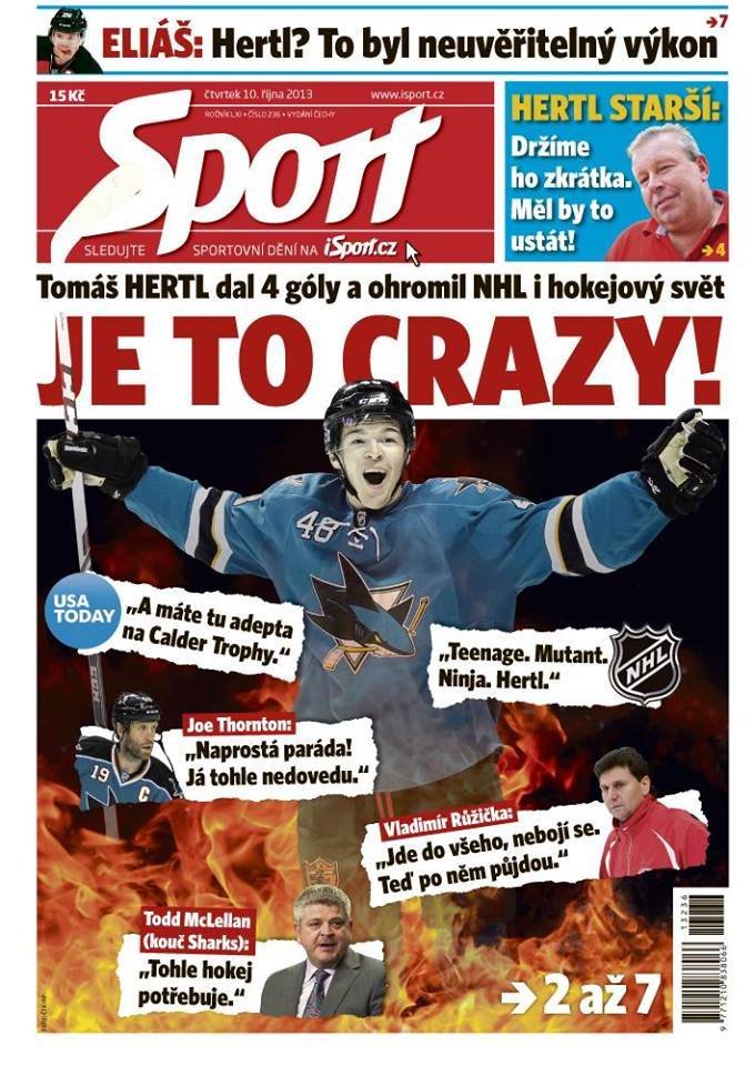 Čtvrteční deník Sport po zásluze ovládl Tomáš Hertl