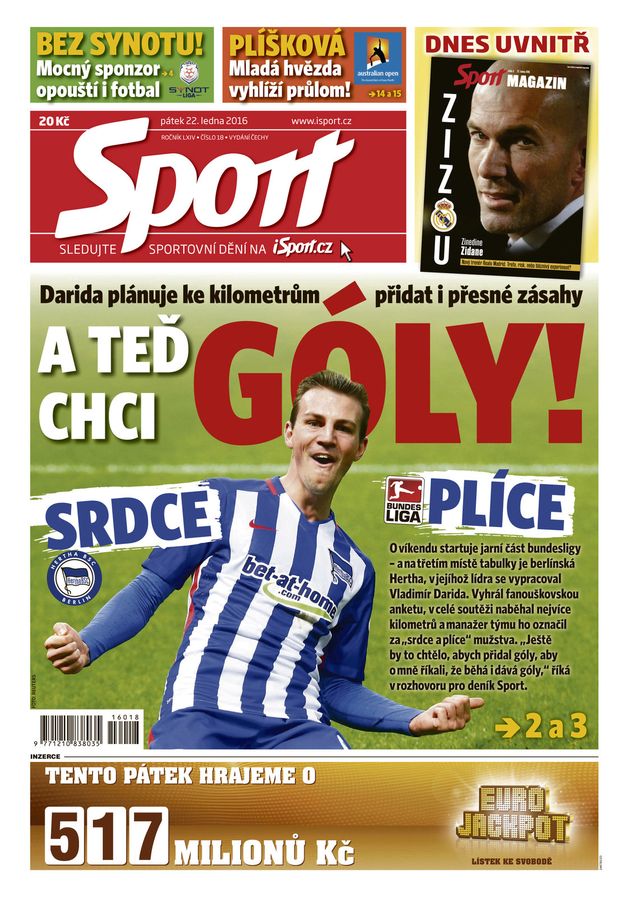 Titulní strana pátečního deníku Sport. Titulní strana pátečního deníku Sport.