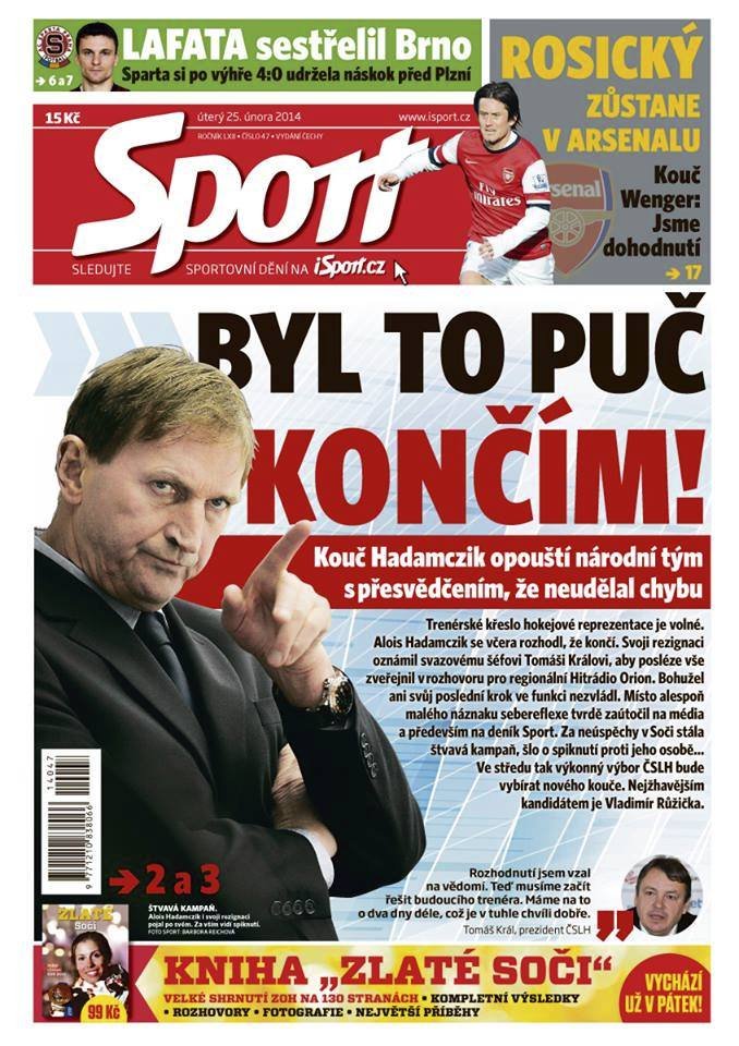 Titulní strana úterního vydání deníku Sport