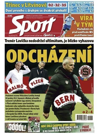 Titulní strana sobotního deníku Sport