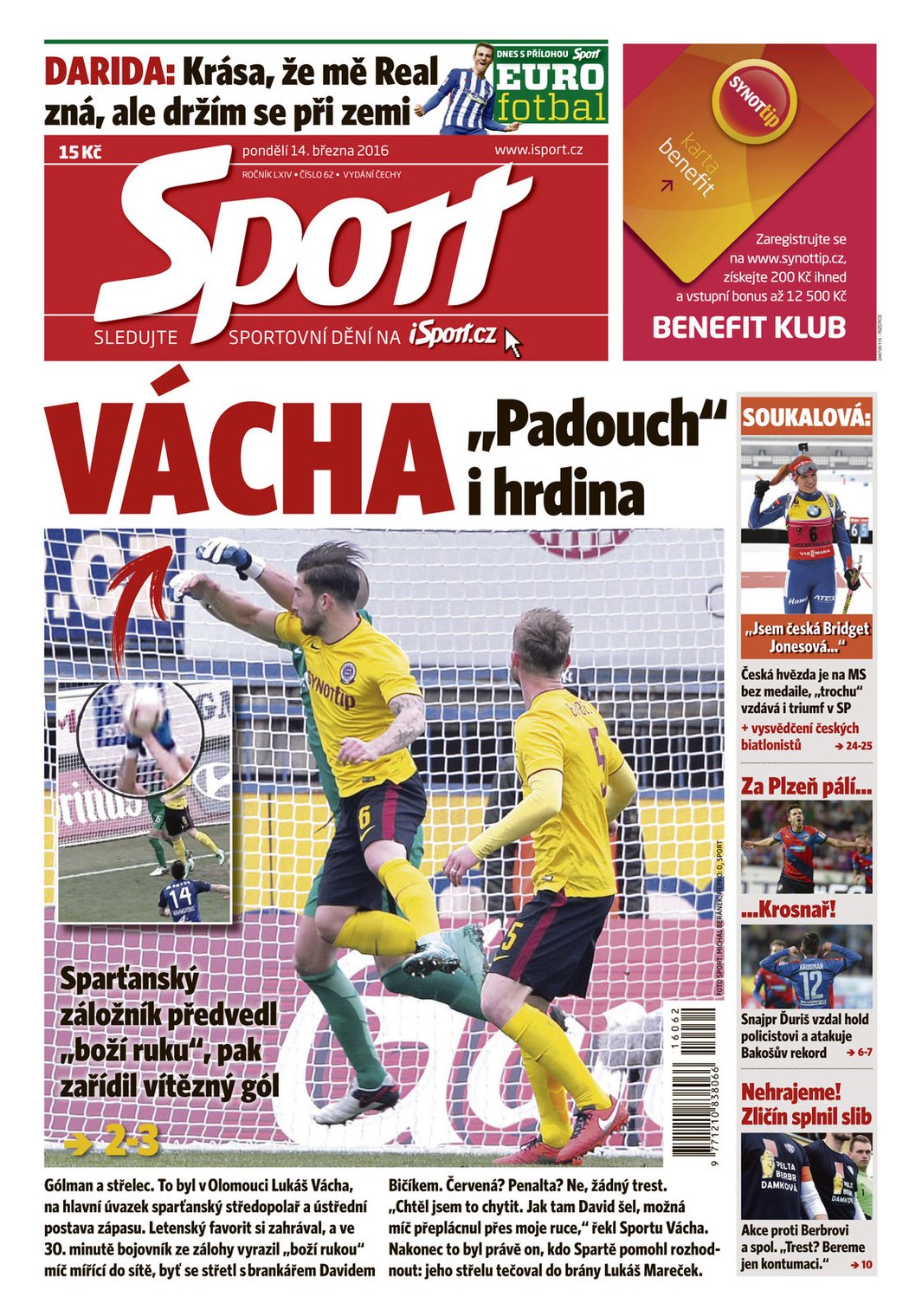 Titulní strana pondělního vydání deníku Sport