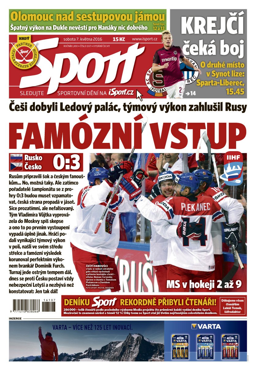 Titulní strana deníku Sport 7. května 2016