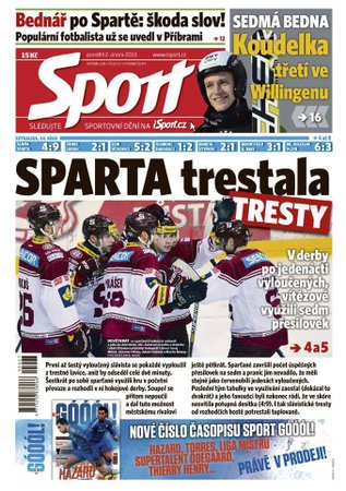 Titulní strana pondělního vydání deníku Sport