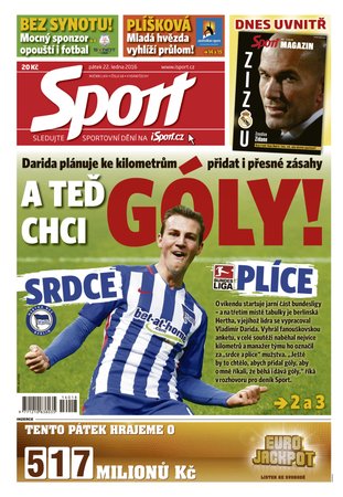 Titulní strana pátečního deníku Sport.