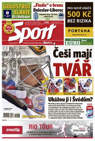 Titulní strana pondělního vydání deníku Sport