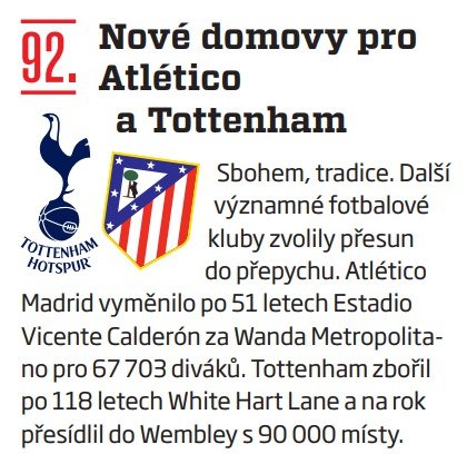 92. Nové domovy pro Atlético a Tottenham