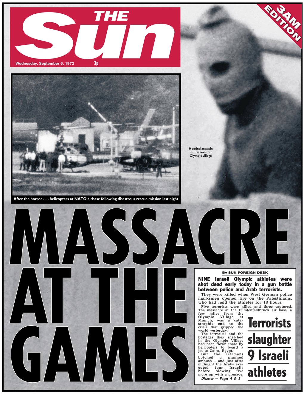 Útok teroristů na olympiádě v Mnichově na titulní straně deníku The Sun