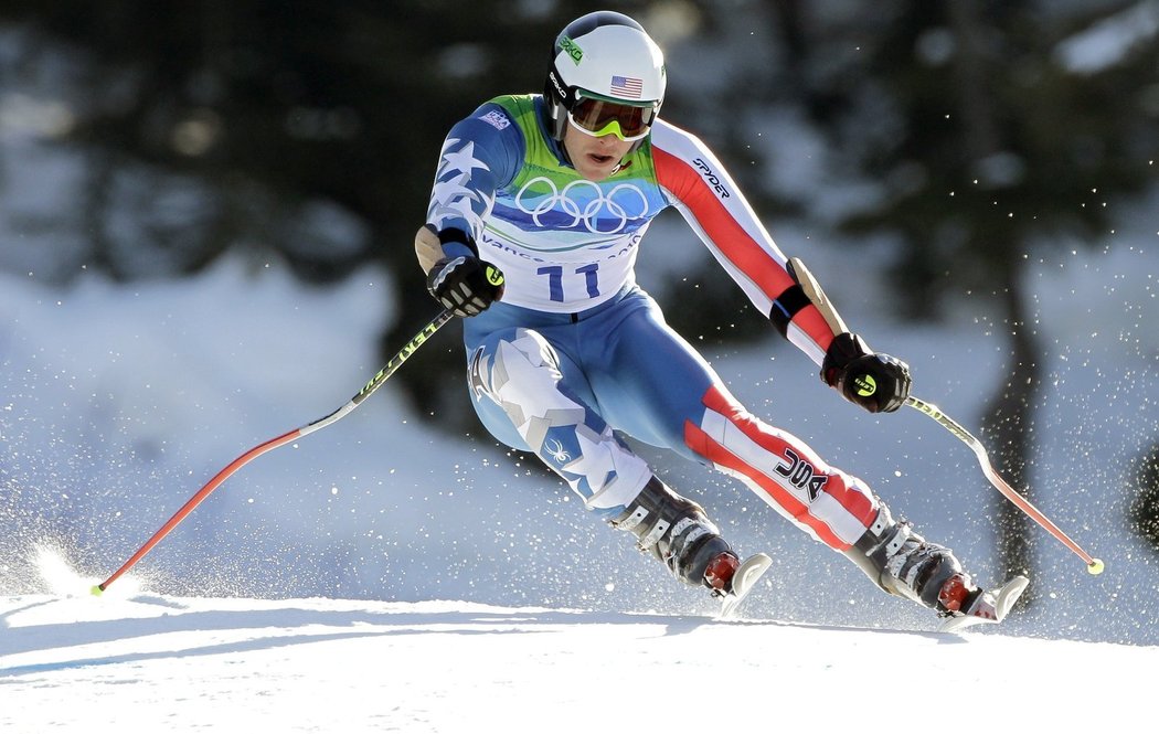 Bode Miller na trati olympijského superobřího slalomu