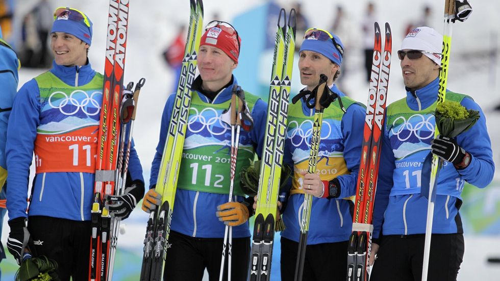 Zleva Martin Jakš, Lukáš Bauer, Jiří Magál a Martin Koukal získali v olympijské štafetě bronz