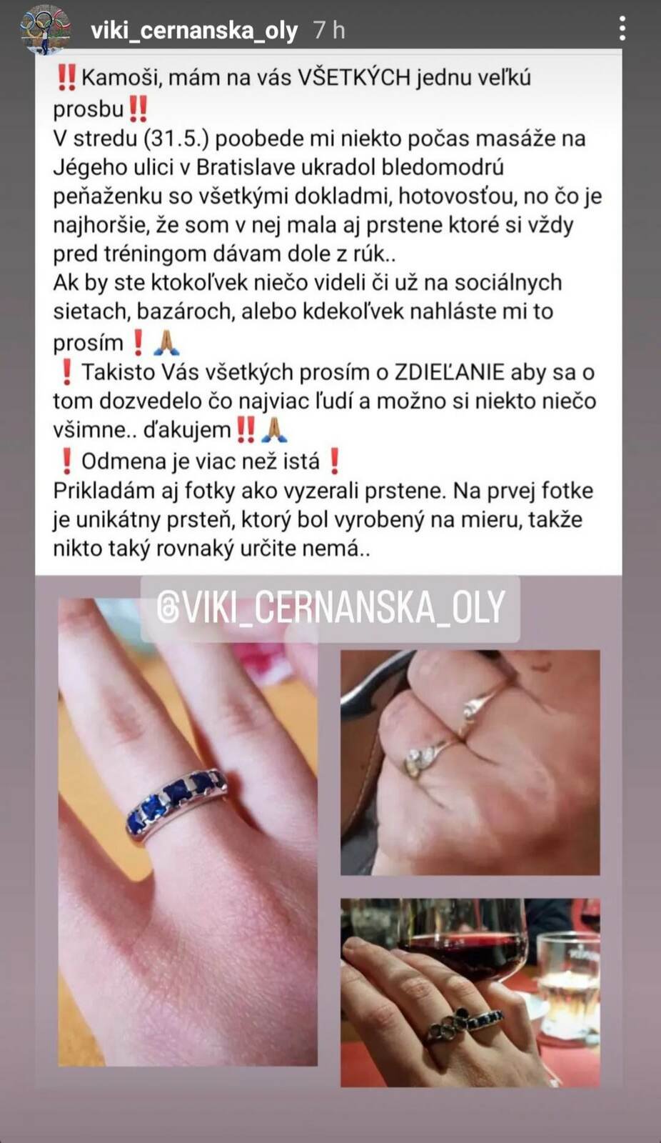 Čerňanská sdílela krádež prstenů i na sociální síti