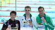 Medailisté v závodě na 200 metrů motýlek: zleva stříbrný Daiya Seto z Japonska, zlatý Maďar Kristóf Milák a bronzový Chad Le Clos z Jihoafrické republiky