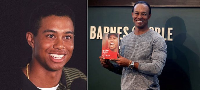 Tiger Woods vzor 1996 (vlevo) a v současnosti. Jak to že nestárne?