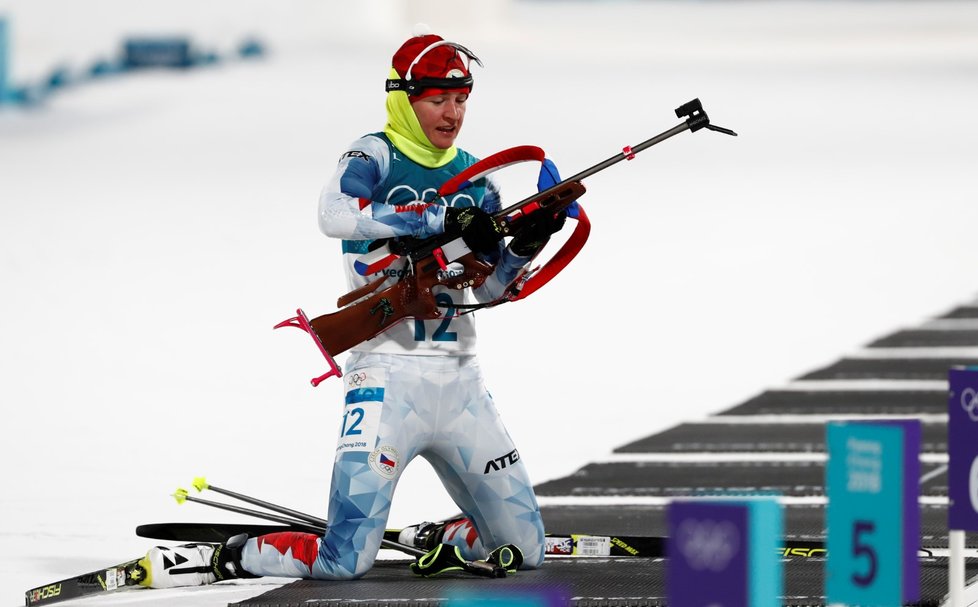 Česká biatlonistka Veronika Vítková na olympijské trati ve sprintu žen