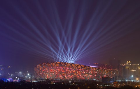 Zkouška světel na zahajovací ceremoniál Her v Pekingu