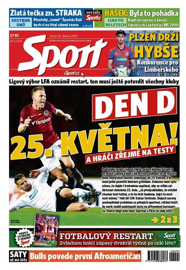 Titulní strana, deník Sport, 28. dubna Titulní strana, deník Sport, 28. dubna