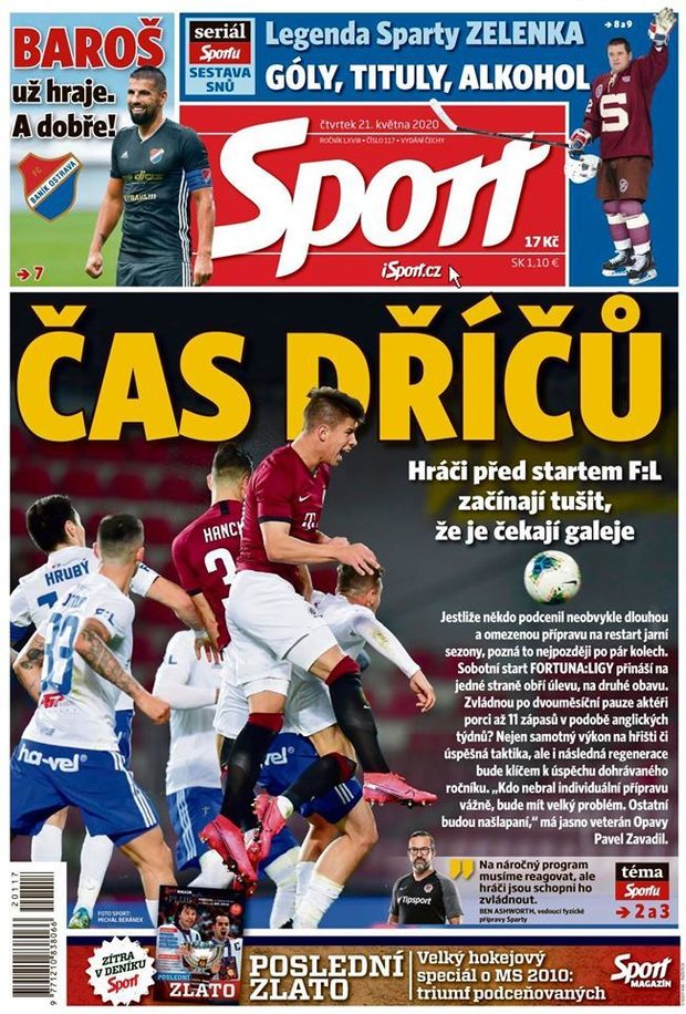 Titulní strana, deník Sport, 21. května Titulní strana, deník Sport, 21. května
