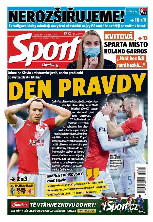 Titulní strana, deník Sport, 26. května Titulní strana, deník Sport, 26. května