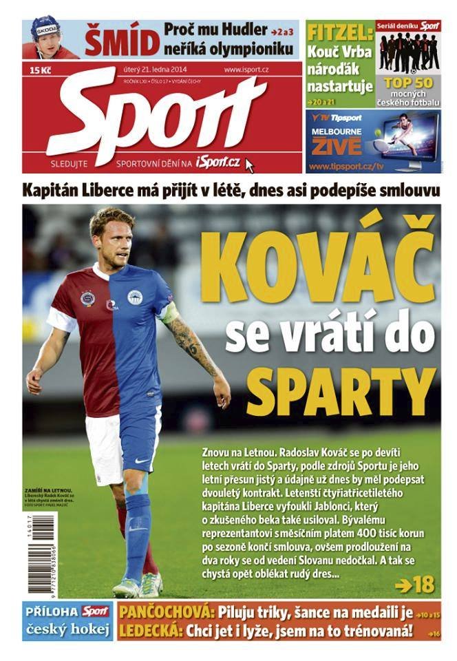 Dnešní titulní strana deníku Sport.