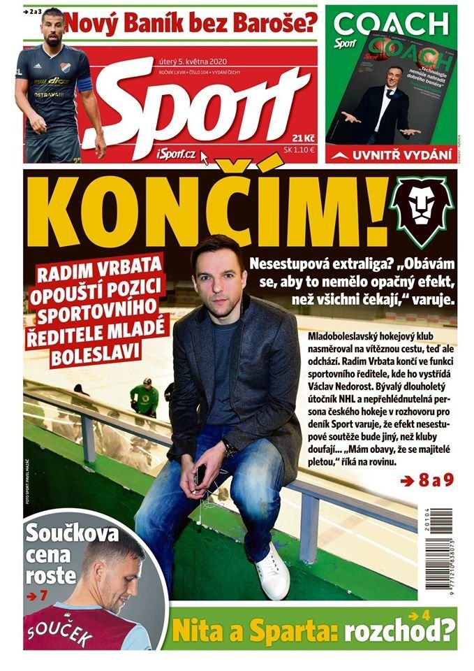 Titulní strana, deník Sport, 5. května 2020