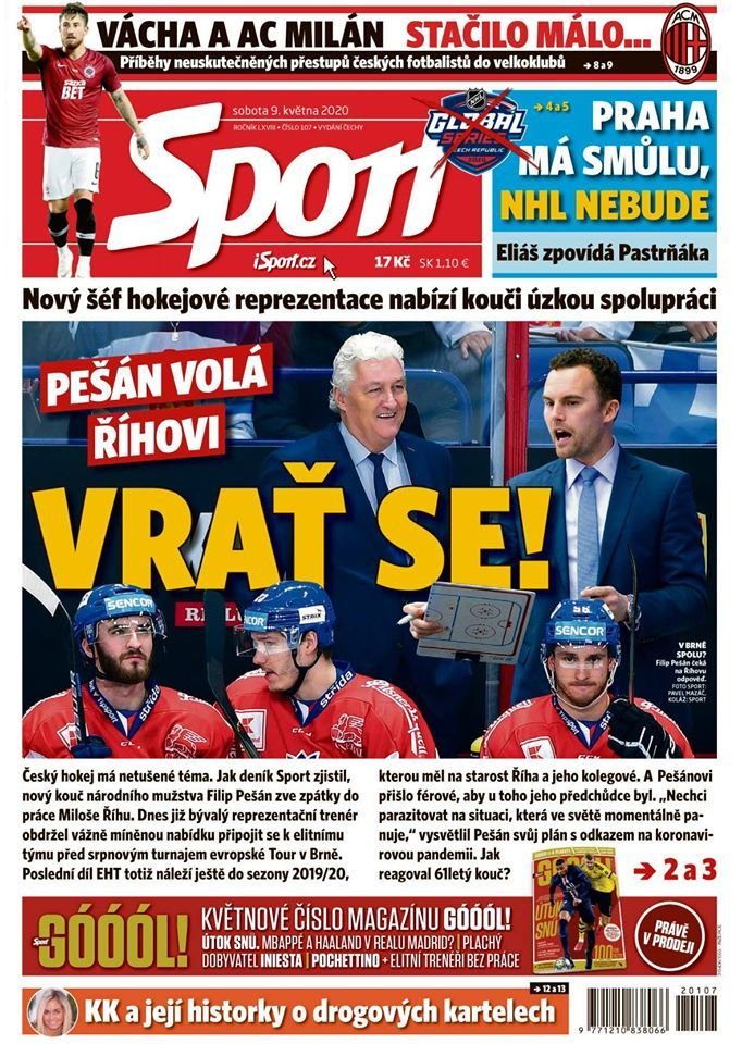 Titulní strana, deník Sport, sobota 9. května