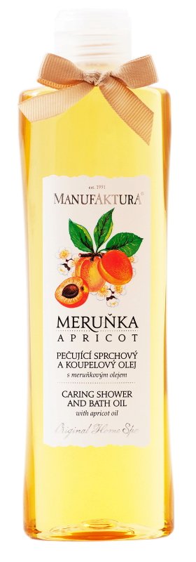 Manufaktura sprchový a koupelový olej s meruňkovým olejem, 199 Kč za 215 ml, koupíte na www.manufaktura.cz a v prodejnách Manufaktura