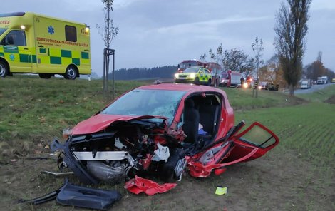 Opel srážka vymrštila několik metrů od silnice. 