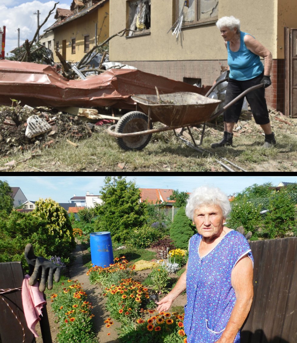 Bohumila Kučerová (87) z Moravské Nové Vsi se stala jedním ze symoblů tornáda. I přes svůj vysoký věk odklízela trosky svého domu...nyní už má opět zahrádku jako malovanou. 