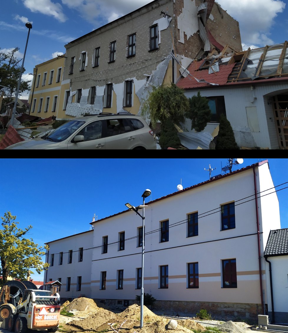 Škola v Hruškách byla zničena, nyní se v ní už opět učí žáci, i když opravy stále probíhají.