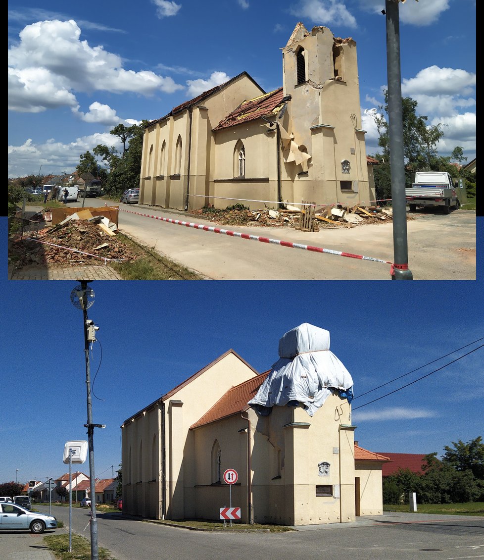 Kostel sv. Bartoloměje v Hruškách byl po tornádu bez věže a střechy... Nyní stále probíhá jeho rekonstrukce.