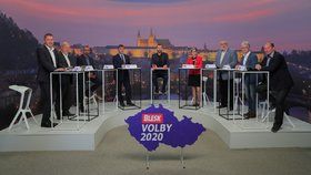 Krajská debata Blesk Zpráv o zemědělství a průmyslu (24. 9. 2020): Zleva Radim Sršeň (STAN), Václav Snopek(KSČM), Karel Bendl (ODS), Josef Kott (ANO), moderátor Jaroslav Šimáček, Hana Hajnová (Piráti), Petr Šilar (KDU-ČSL), Herbert Pavera (TOP 09), Jiří Struček (ČSSD)