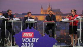 Krajská debata Blesk Zpráv o zemědělství a průmyslu (24. 9. 2020): Zleva Karel Bendl (ODS), Josef Kott (ANO), moderátor Jaroslav Šimáček a Hana Hajnová (Piráti)