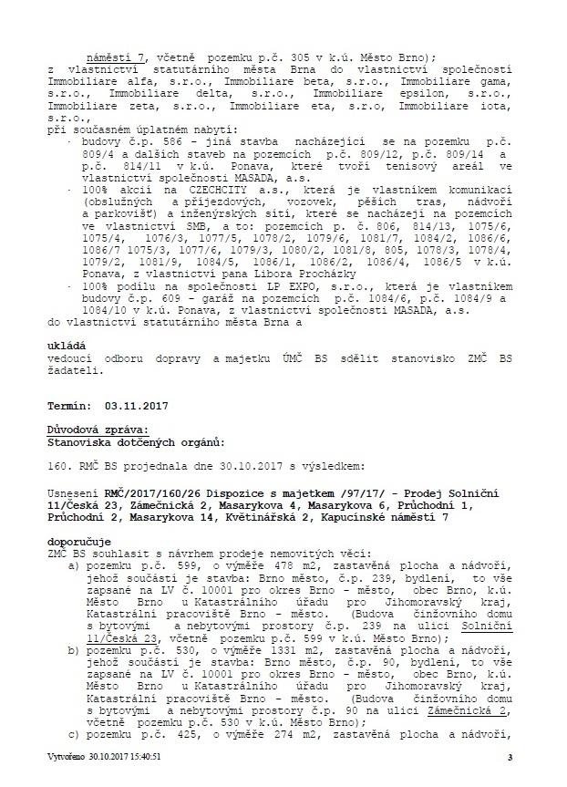 Dokumenty, ve kterých radní Brno-střed doporučují zastupitelstvu schválit směnu lukrativních bytových domů v centru města za pozemky na stavbu fotbalového stadionu za Lužánkami.