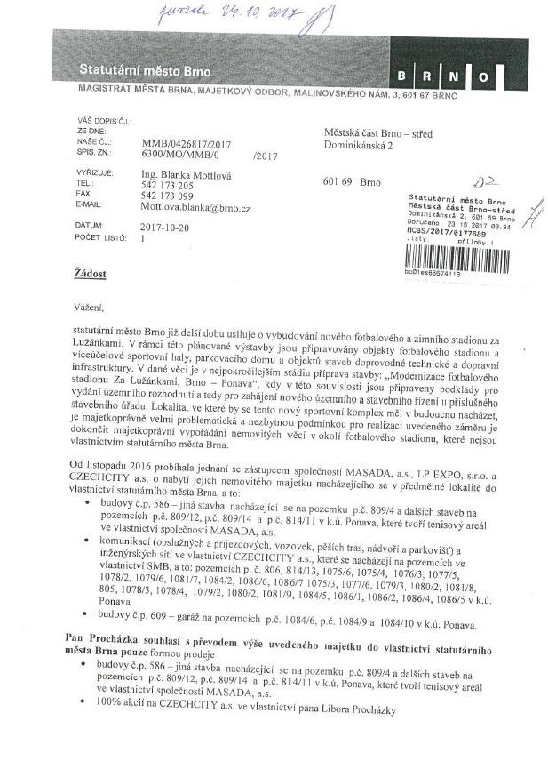 Dokumenty, ve kterých radní Brno-střed doporučují zastupitelstvu schválit směnu lukrativních bytových domů v centru města za pozemky na stavbu fotbalového stadionu za Lužánkami.