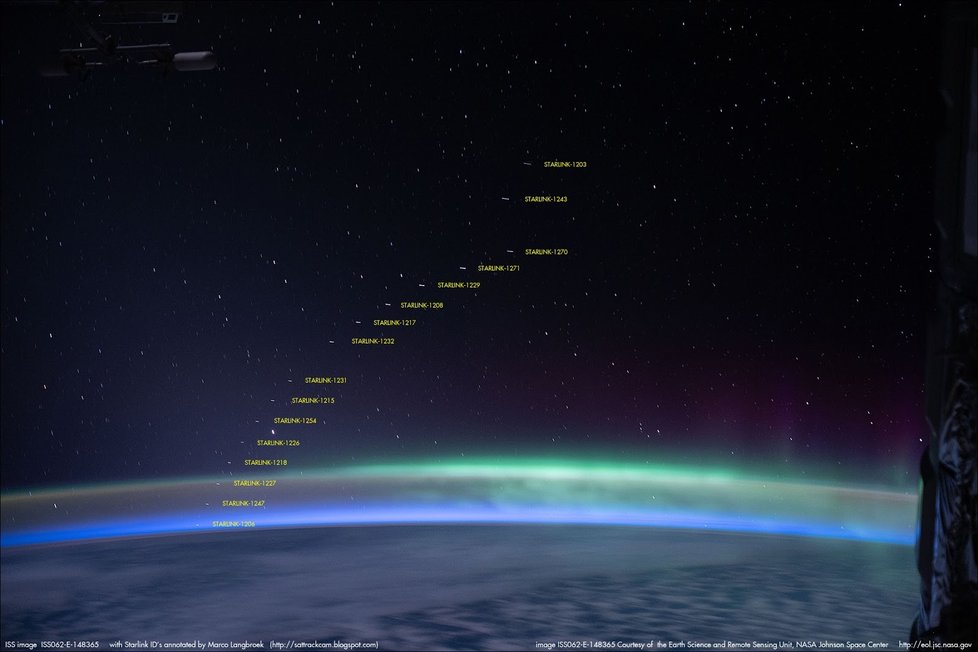 Družice StarLink s polární září v pozadí
