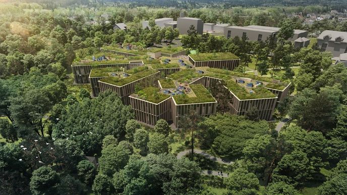 Státní podnik Lesy ČR odhalil vizualizaci „dřevěného“ administrativního centra, které chce za 1,5 miliardy korun postavit v Hradci Králové.
