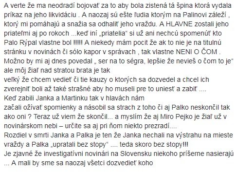 Status, který sestra Paľa Iveta napsala na svůj Facebook