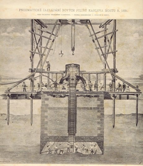 Řez kesonem z historického stavebního deníku roku 1891
