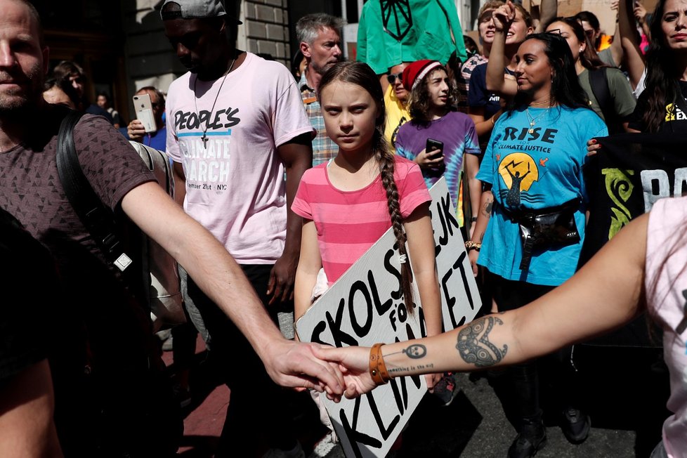 Stávka proti klimatickým změnám v New Yorku a švédská aktivistka Greta Thunbergová (20. 9. 2019)