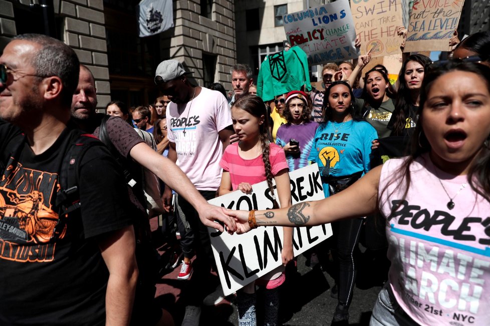 Stávka proti klimatickým změnám v New Yorku a švédská aktivistka Greta Thunbergová (20. 9. 2019)