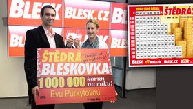 V červnu přebírala Eva Purkytová šek na milion od šéfredaktora Blesku Radka Laina. Na jejím místě můžete být příště Vy!