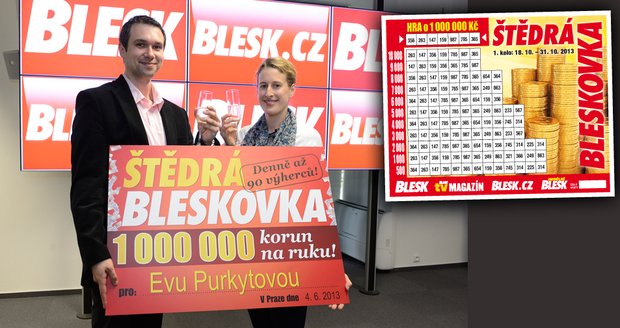 V červnu přebírala Eva Purkytová šek na milion od šéfredaktora Blesku Radka Laina. Na jejím místě můžete být příště Vy!