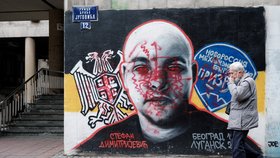 Stefan Dimitrijević padl na straně luhanských separatistů. Počmárané graffiti v Bělehradě (18. 1. 2023).