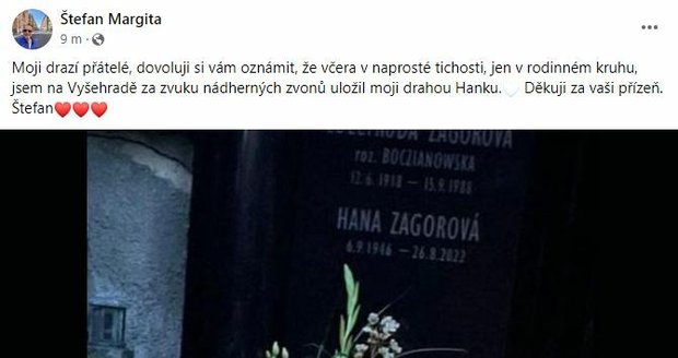 Štefan Margita uložil urnu Hanky Zagorové do hrobu na Vyšehradě.