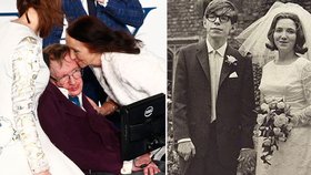 Stephen Hawking s manželkou na premiéře nového snímku a na svatební fotce
