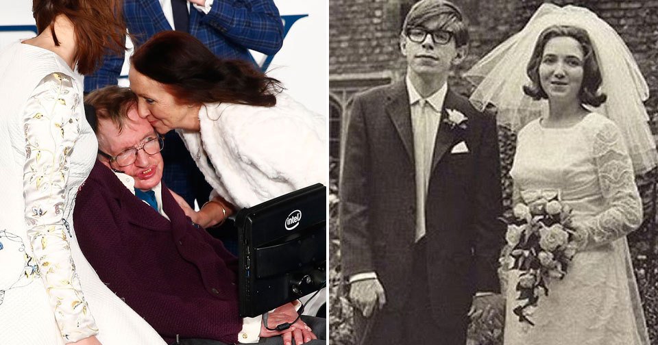 Stephen Hawking s manželkou na premiéře snímku Teorie všeho a na svatební fotce.