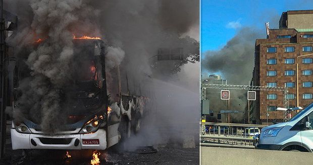 V centru Stockholmu vybouchl autobus! Řidič najel do bezpečnostní bariéry, explodovala plynová nádrž