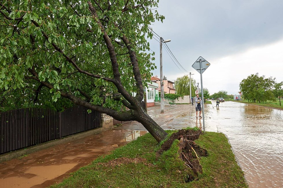 Bouře s přívalovým deštěm, krupobitím a vichřicí nedávno zdevastovala Strážnici na Hodonínsku. Silnice se proměnily v řeky.