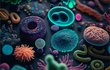 Střevní mikrobiom je pestrý shluk organismů mnoha druhů. Eukaryota, bakterie, archaea, viry… Různé tvary, velikosti, barvy, funkce.